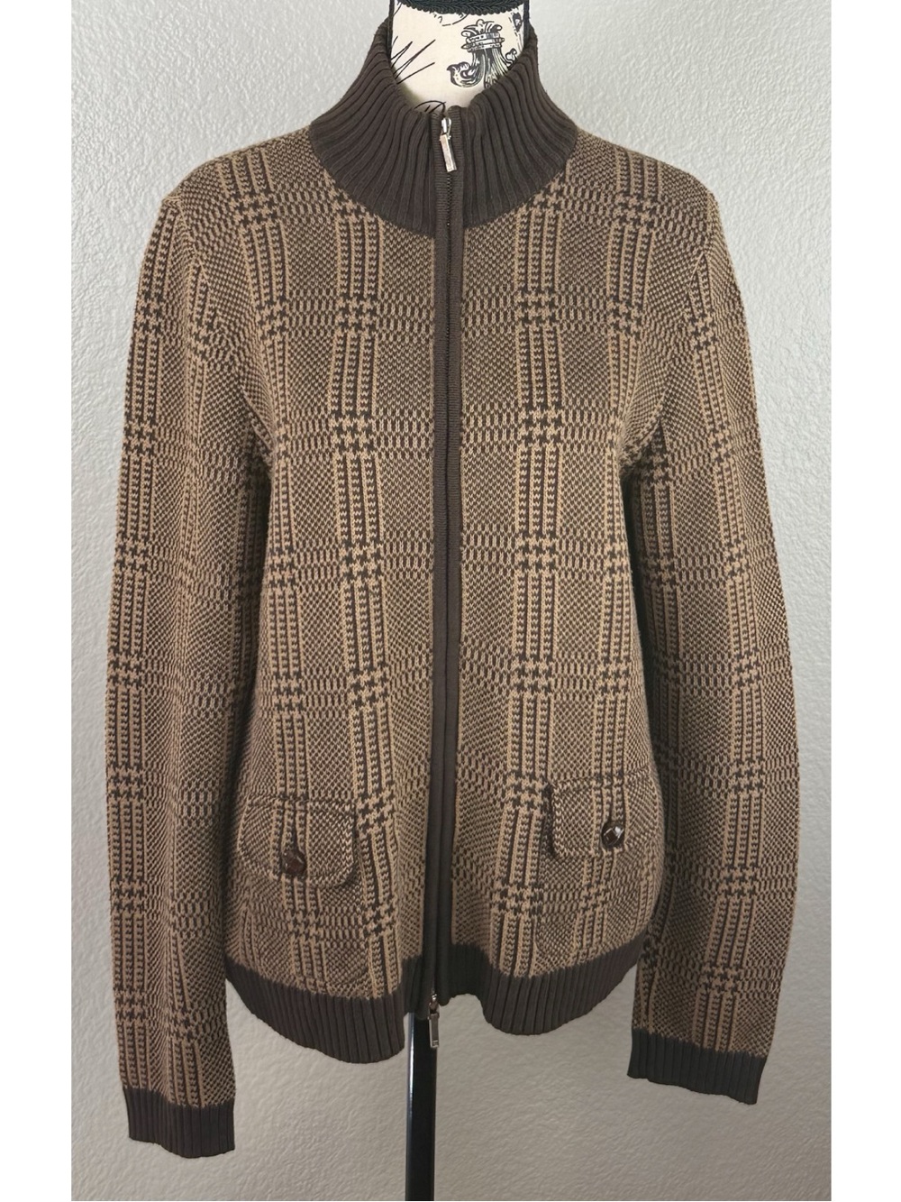 Lauren Ralph Lauren Houndstooth Plaid Knit Zip-Up Cardigan Jacket Large